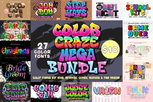 Color Craze Mega Bundle: 27 Vibrant Fonts for Playful Design